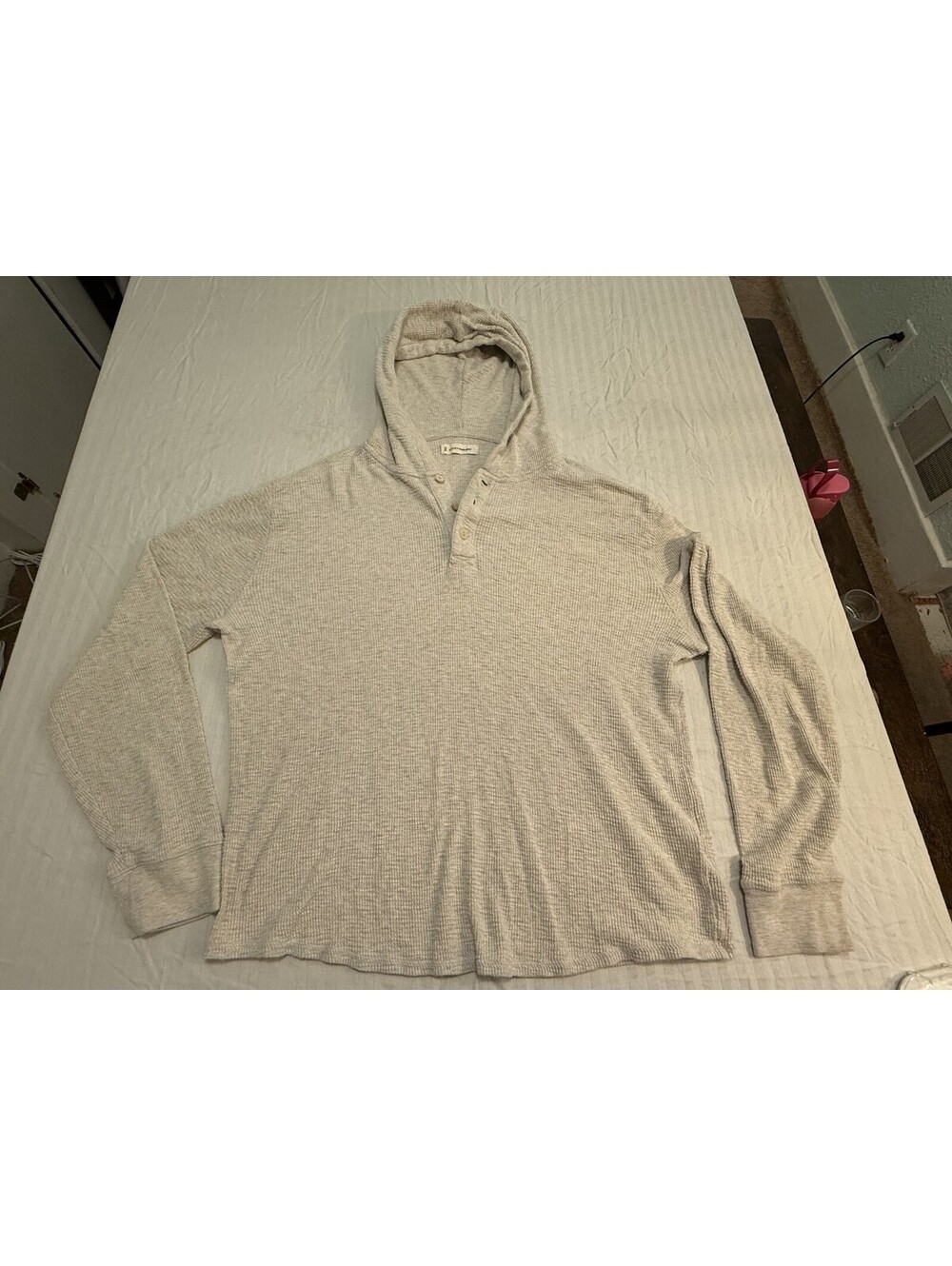 Lucky Brand Waffle Knit Thermal Henley Hoodie Men's L Heather Gray Pullover